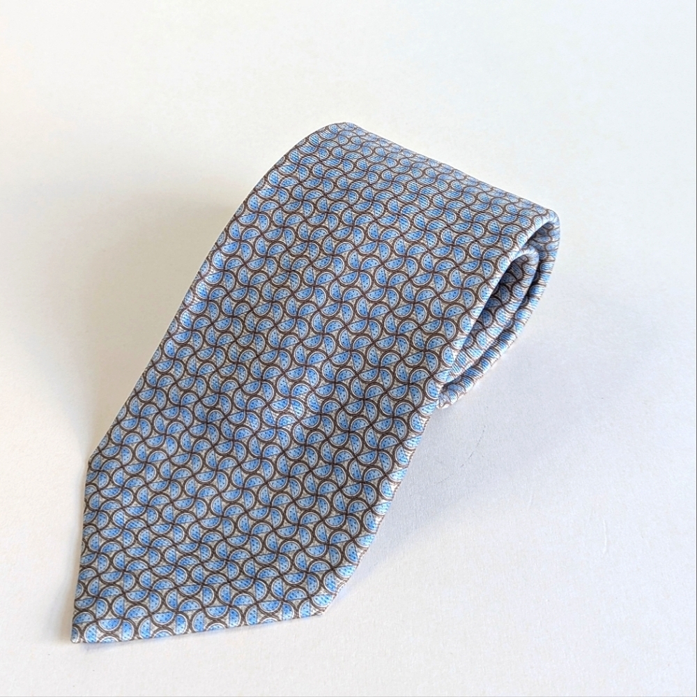 Bulgari Tile Geometric Print Sanglione Silk Tie Pale Blue Taupe Ivory Grey 58½"